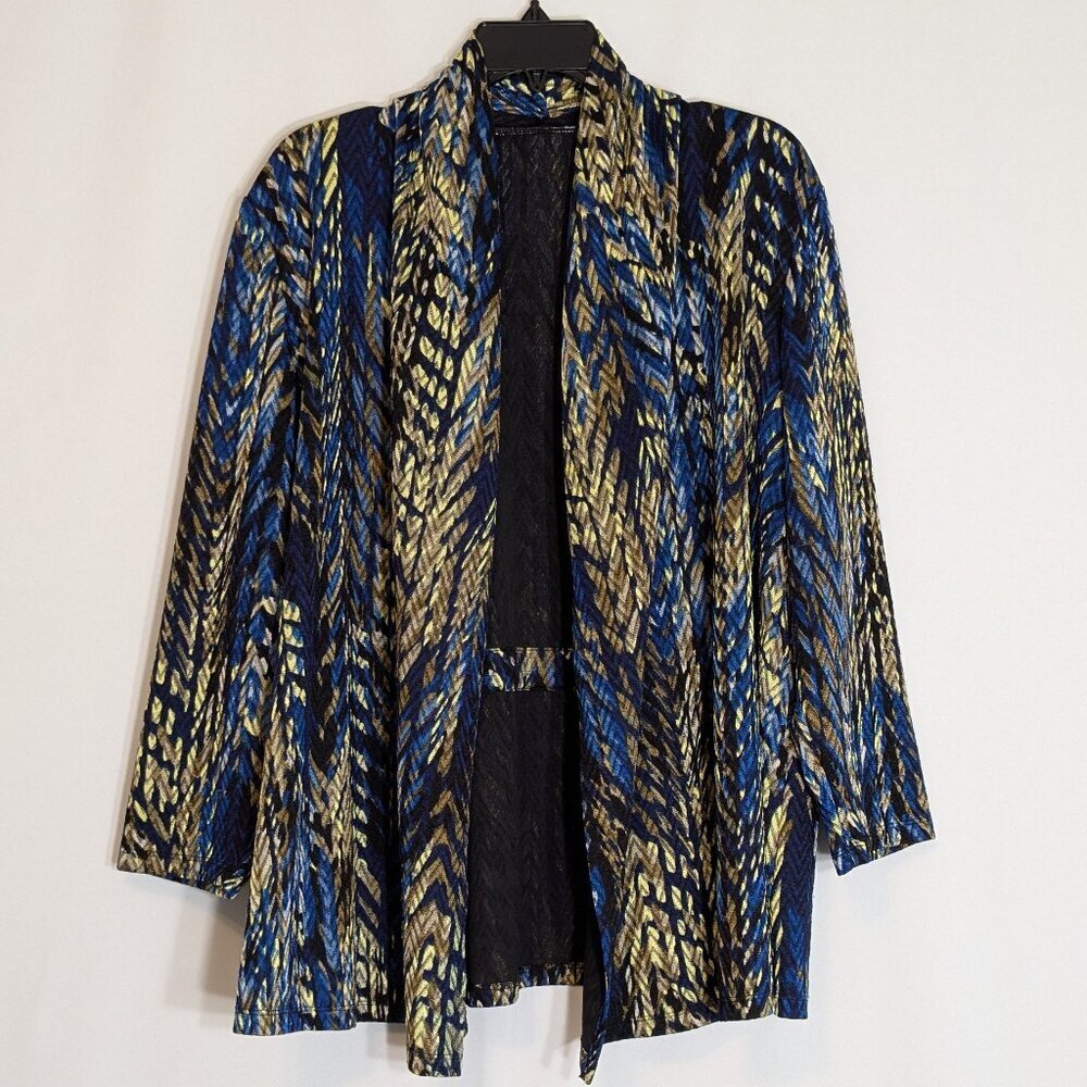 KASPER Black/Blue/Gold Poly Knit Open Tunic w 3/4 Sleeves; Size XXL